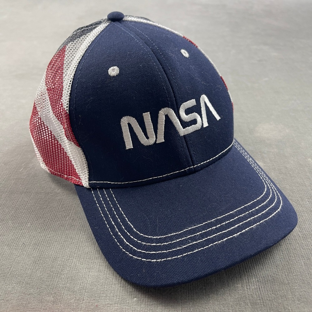 Cap America Mens One Size Blue NASA Trucker Hat USA Flag Mesh Back Snapback